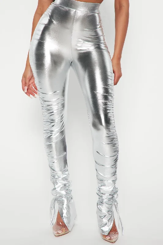 Heat Wave Faux Leather Stacked Legging- Silver