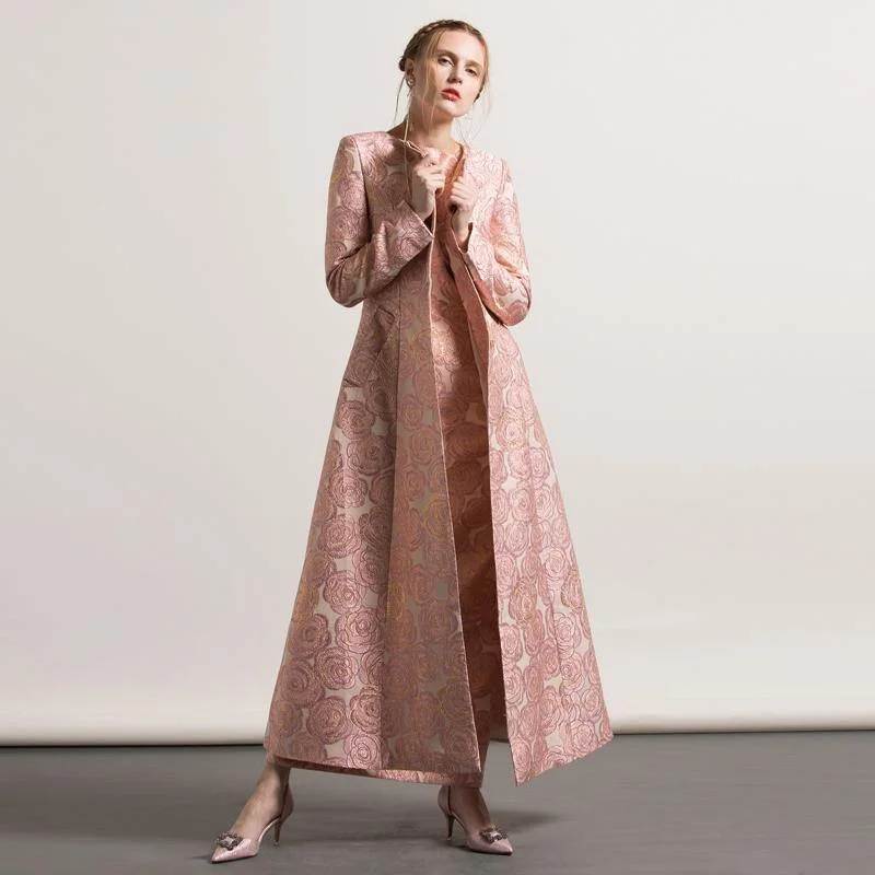 2017 pink jacquard cotton trench coats fashion casual o neck long coat