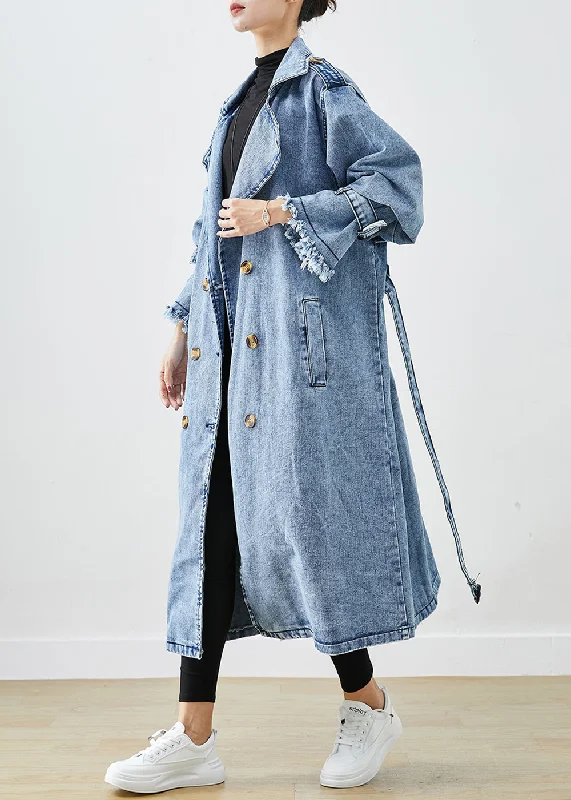 Art Light Blue Lapel Double Breast Denim Trench Coats Fall