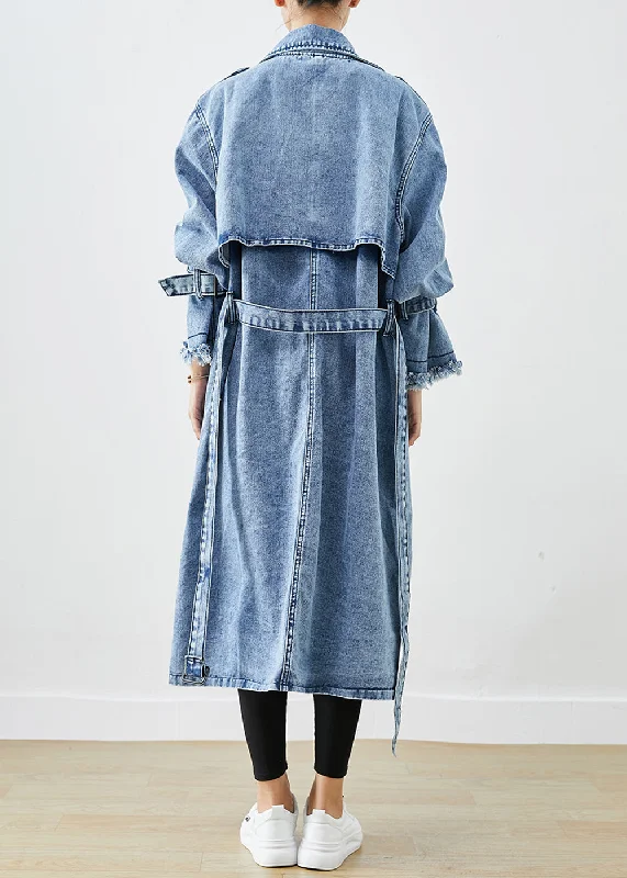 Art Light Blue Lapel Double Breast Denim Trench Coats Fall