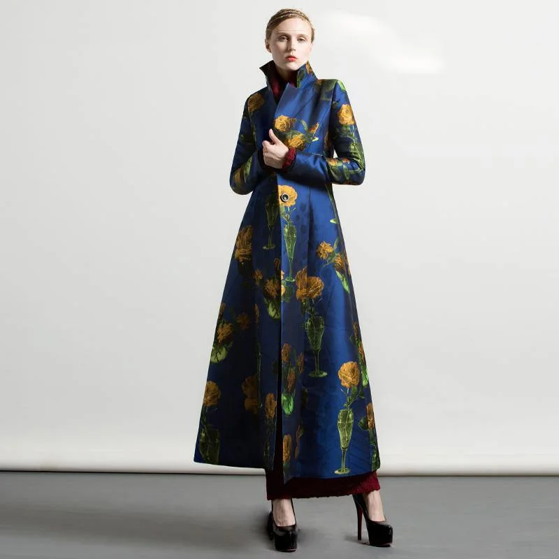 autumn winter cotton blended long coats blue floral thick large hem maxi trench coat