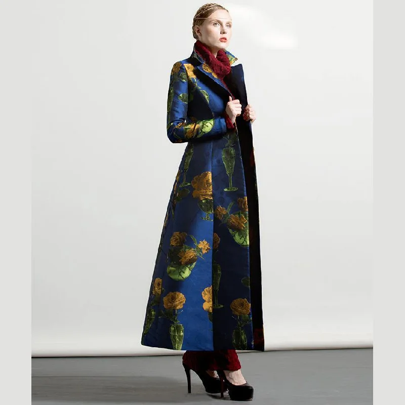 autumn winter cotton blended long coats blue floral thick large hem maxi trench coat