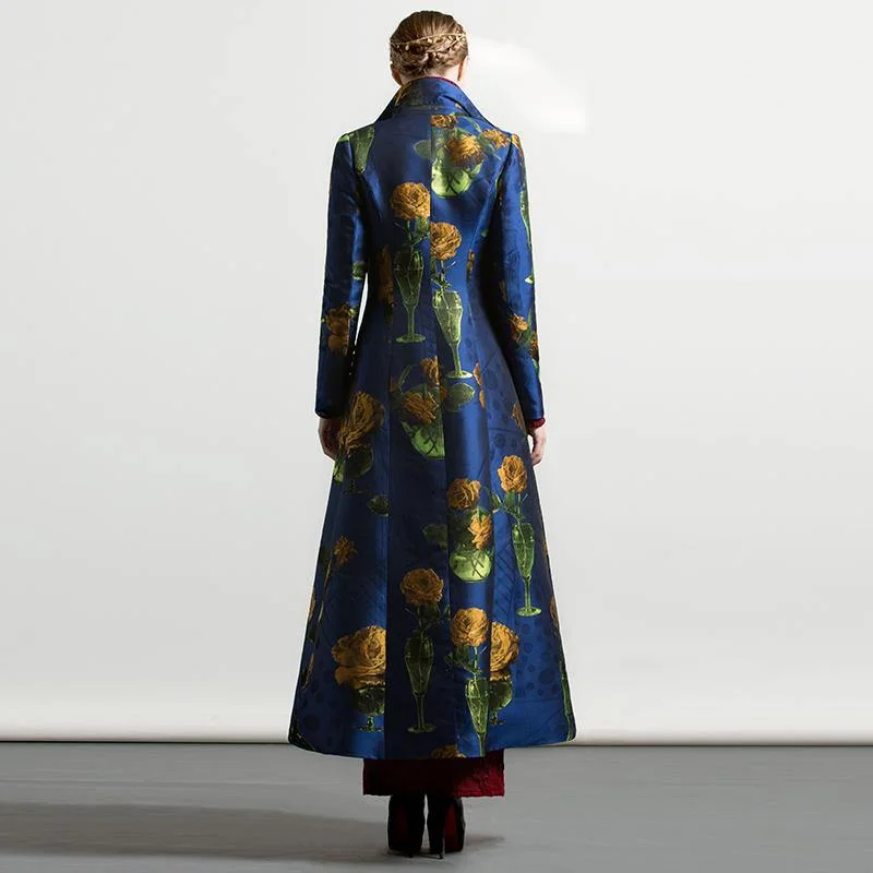 autumn winter cotton blended long coats blue floral thick large hem maxi trench coat