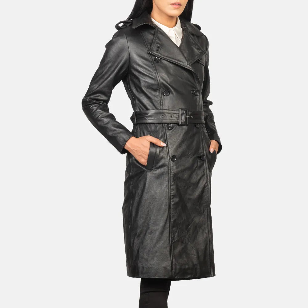 Black Trench Coat Women in Double Breasted