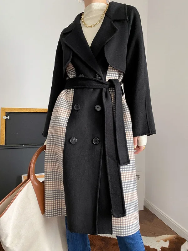 Color Blocking Design Reversible Woolen Coat Women's Autumn And Winter New Temperament Double Breasted Coat