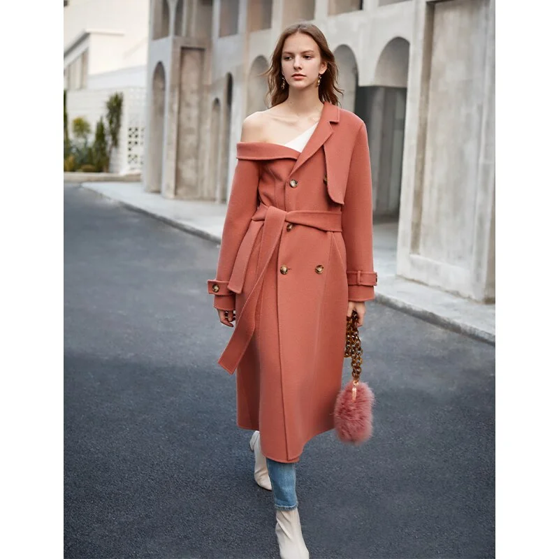 Double Woolen Woman's Upmarket Coat One Shoulder Overcoat Female New Fashion Temperament Women's Popular Woolen Coat