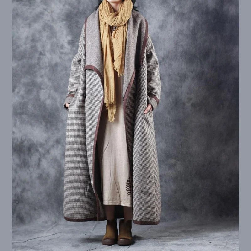 Fashion Plaid Maxi Coat Plus Size Clothing Turn-down Collar Maxi Coat Elegant Double Breasted Trench Coat