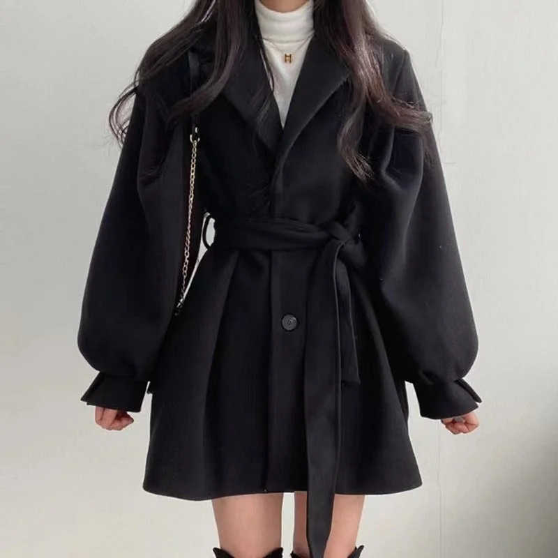 Hepburn style waistband woolen coat for women's autumn and winter lace up woolen coat