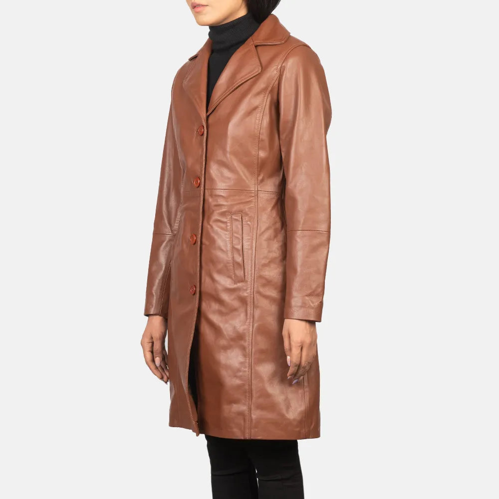 Brown Single Breasted Leather Trench Coat Women's