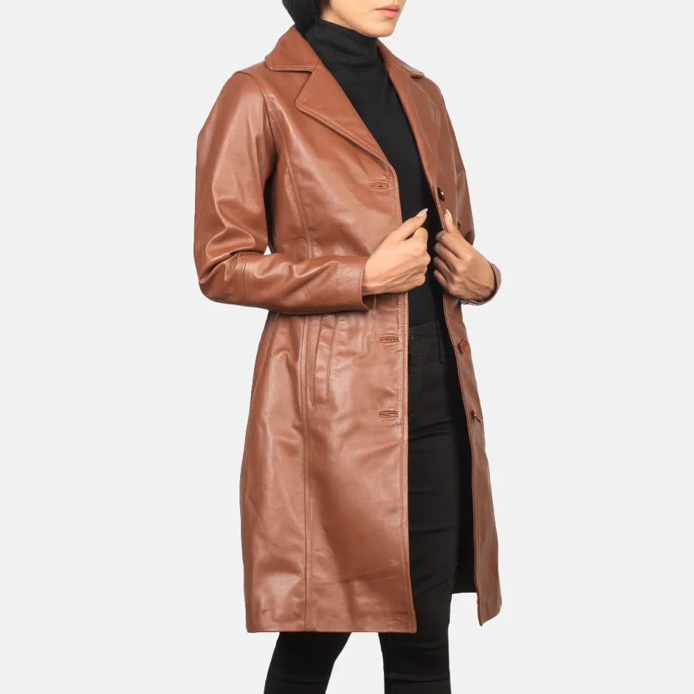 Brown Single Breasted Leather Trench Coat Women's