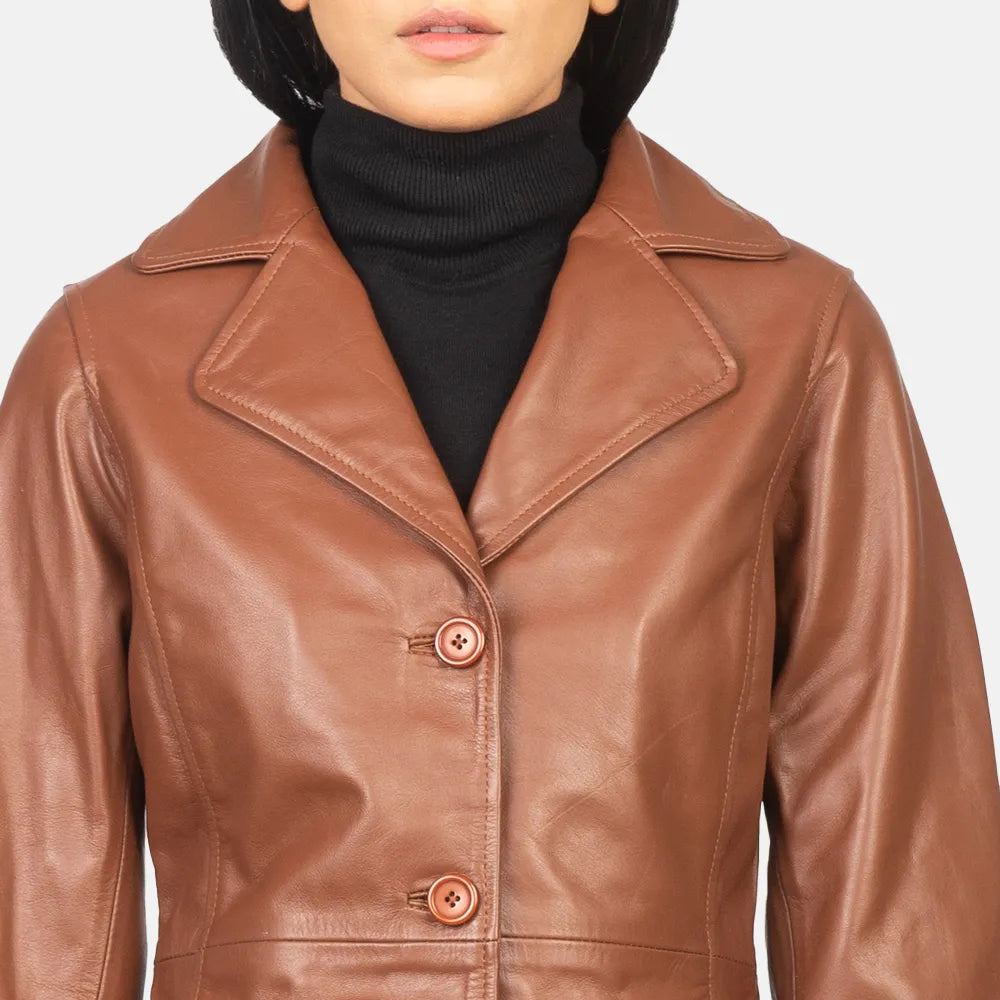 Brown Single Breasted Leather Trench Coat Women's