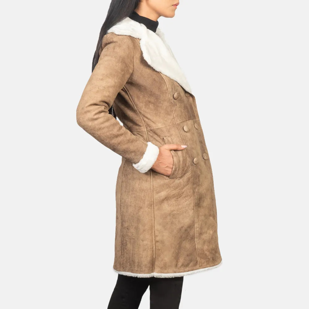 Distressed Brown Double Breasted Long Trench Coat