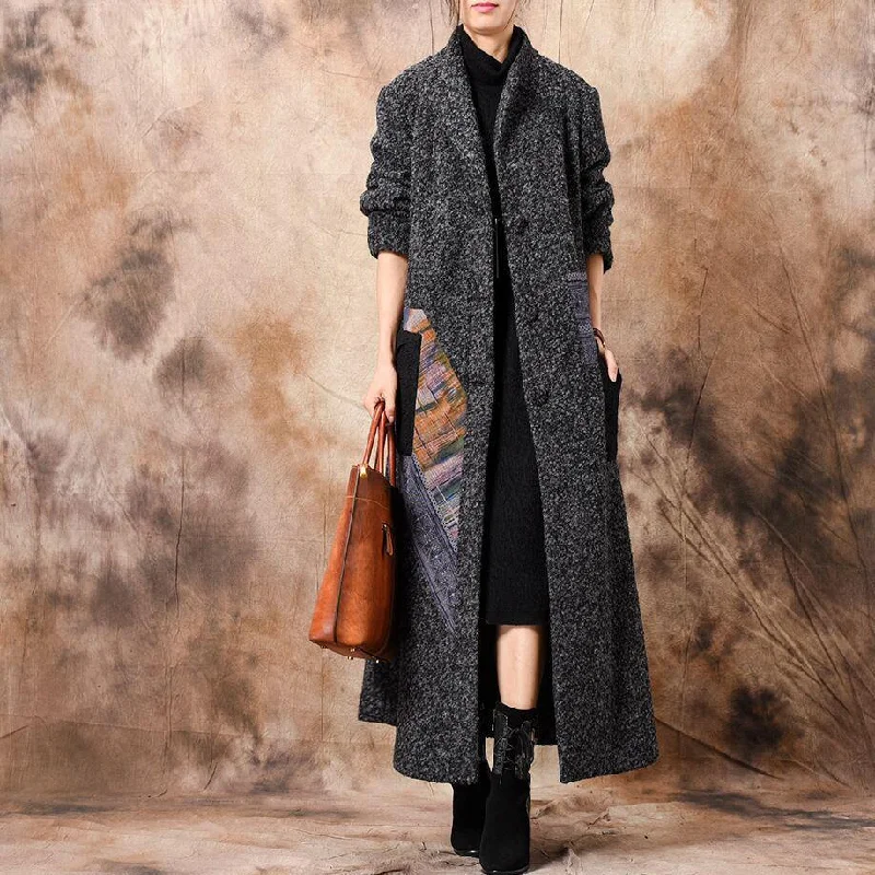 Luxury Gray Outwear Oversized Trench Coat Patchwork Stand Collar Coat