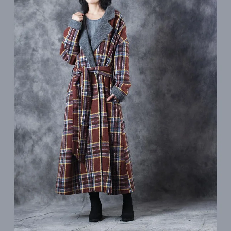 New Chocolate Plaid Coats Loose Fitting Notched Winter Coat Fashion Tie Waist Double Breasted Trench Coat