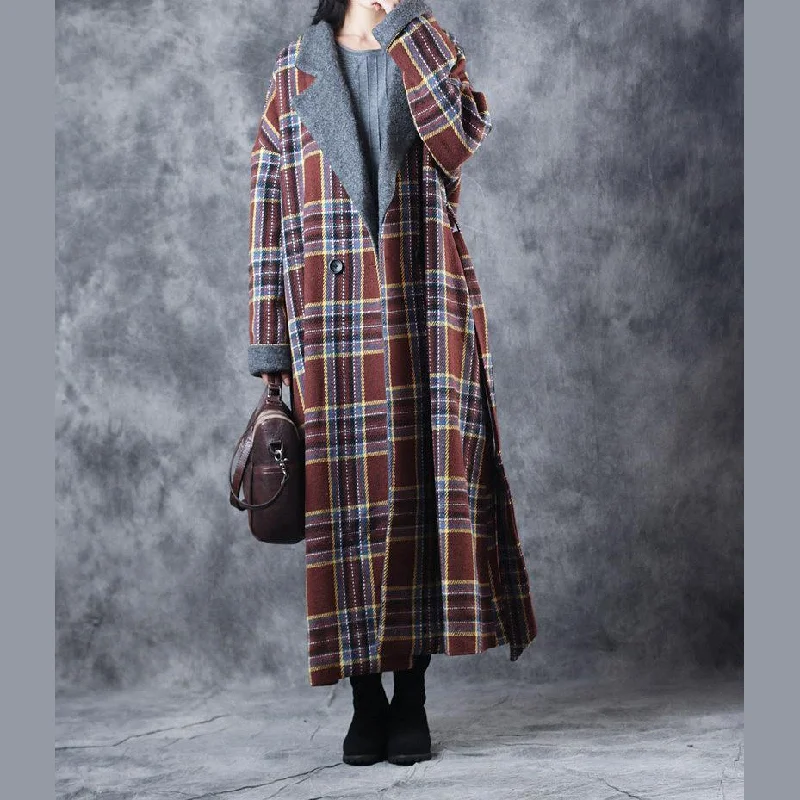 New Chocolate Plaid Coats Loose Fitting Notched Winter Coat Fashion Tie Waist Double Breasted Trench Coat