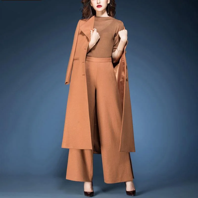 new winter fashoion two pieces woolen blended tie waist trench coats and side open wide leg pants