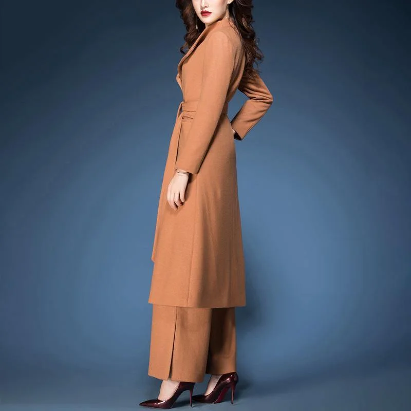 new winter fashoion two pieces woolen blended tie waist trench coats and side open wide leg pants