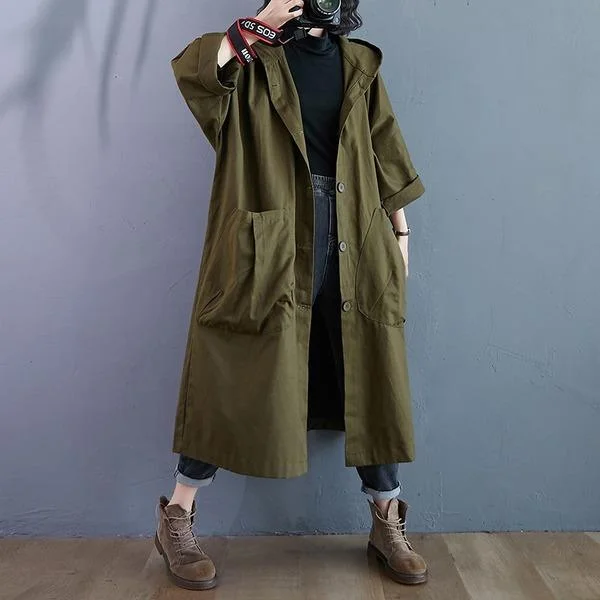 Plus Size Hooded Casual Loose Long Autumn Spring Trench Coat