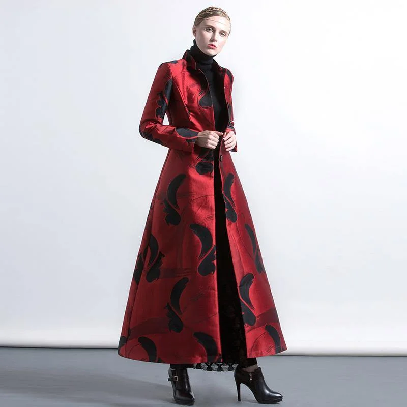 red color black floral European style blended slim fit coats women elegant stand collar jacquard maxi trench coat