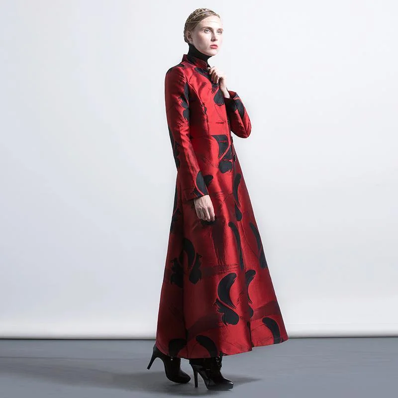 red color black floral European style blended slim fit coats women elegant stand collar jacquard maxi trench coat