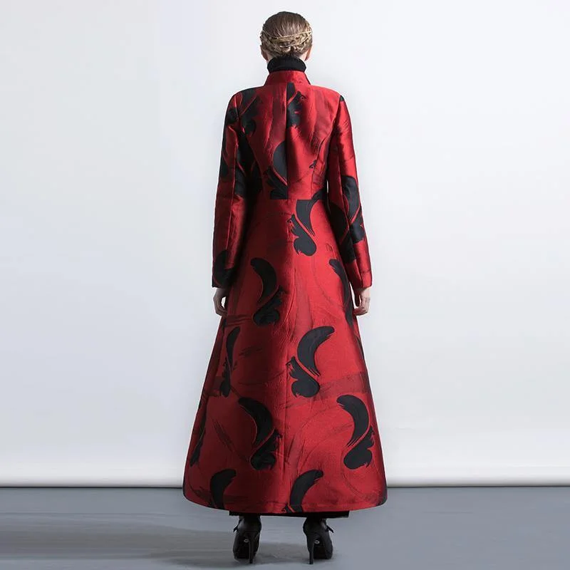 red color black floral European style blended slim fit coats women elegant stand collar jacquard maxi trench coat