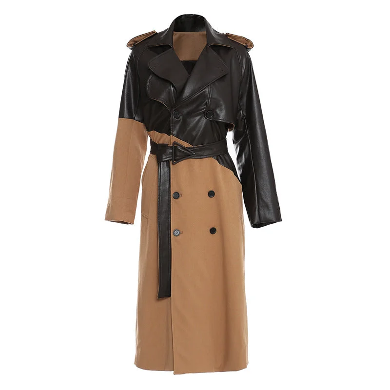 Khaki Mid-Length Leather Trench Coat - Timeless Style, Modern Edge