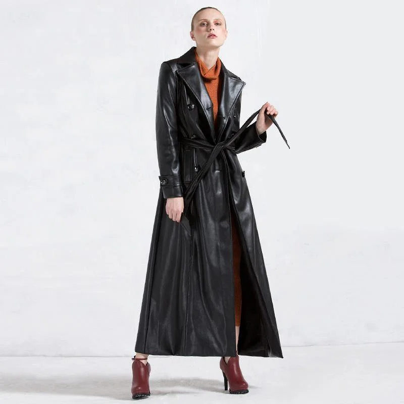 winter fashion women leather coats black tie waist PU trench coat parka