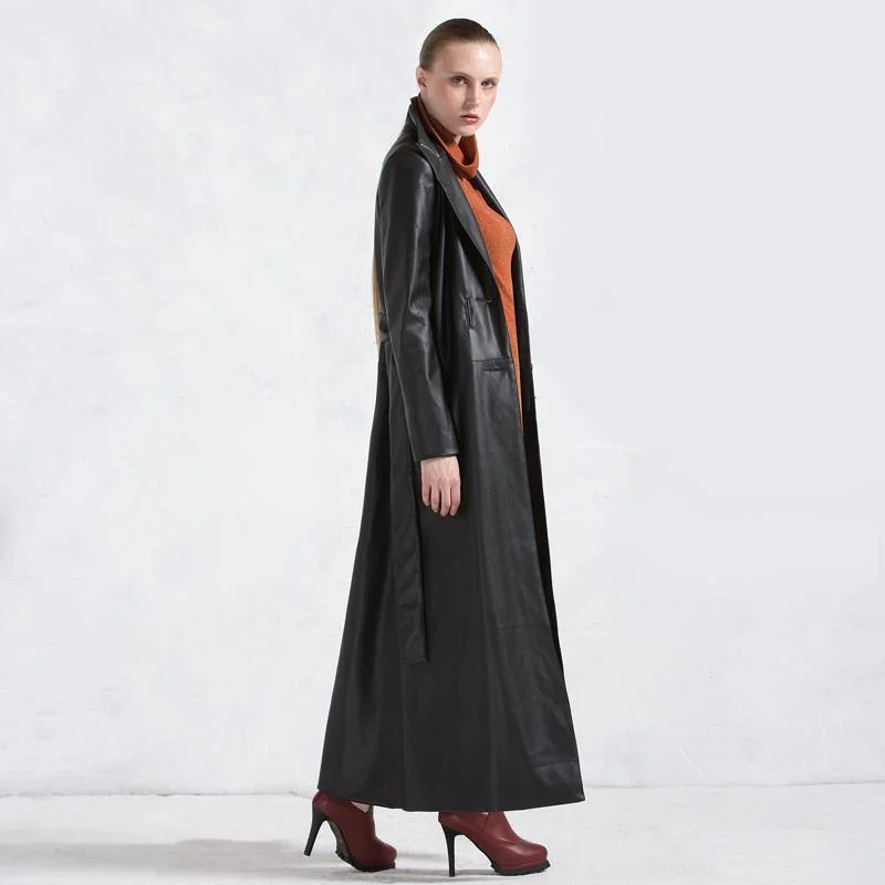 winter fashion women leather coats black tie waist PU trench coat parka