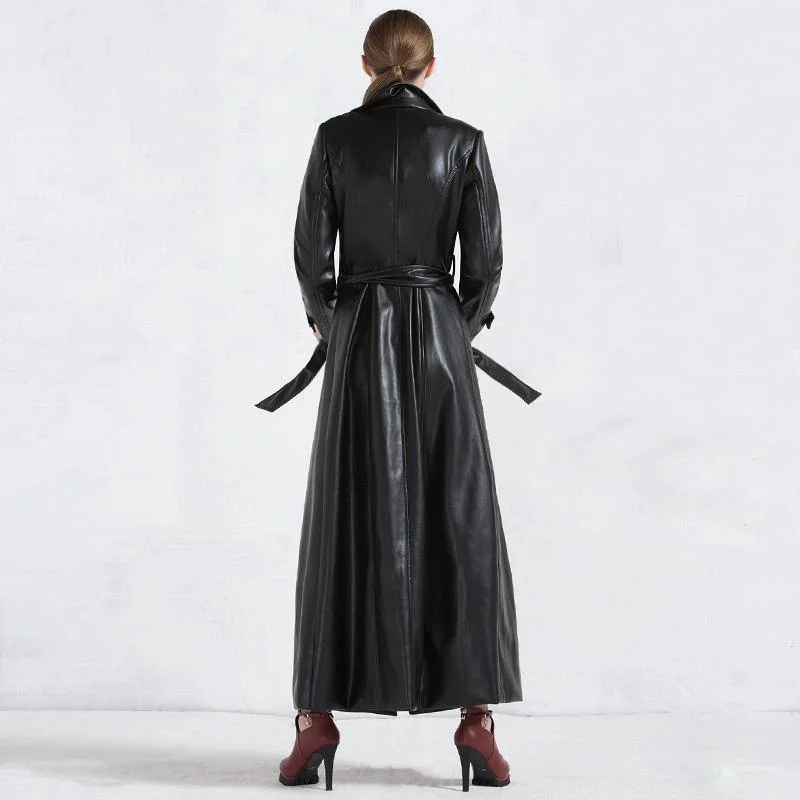 winter fashion women leather coats black tie waist PU trench coat parka