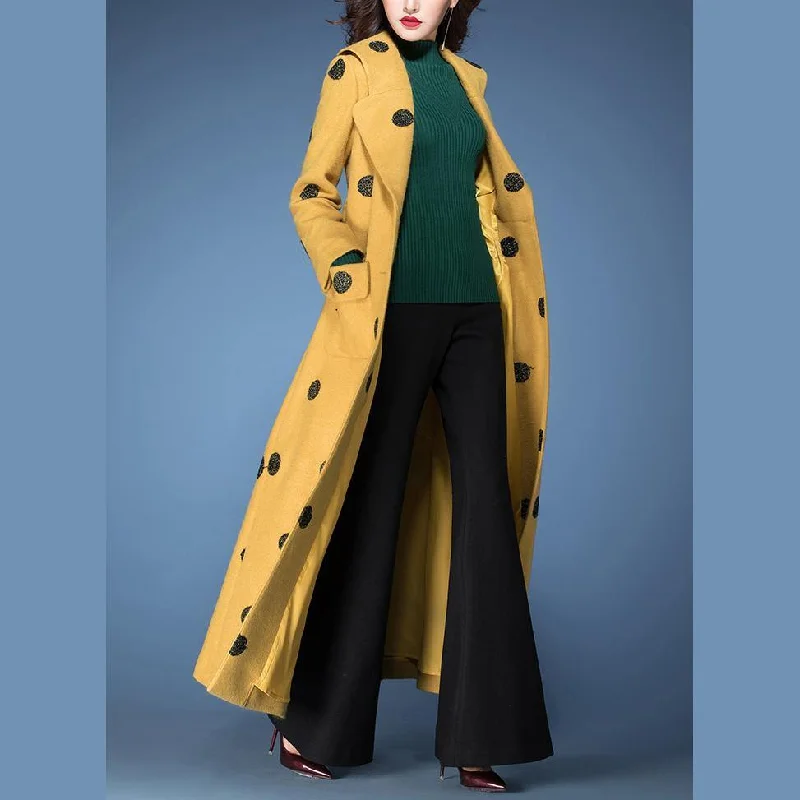 winter fashion woolen blended  yellow dotted prints coats slim fit tie waist maxi trench coat