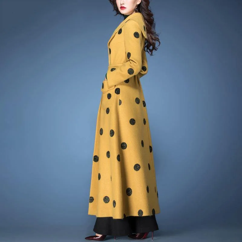 winter fashion woolen blended  yellow dotted prints coats slim fit tie waist maxi trench coat