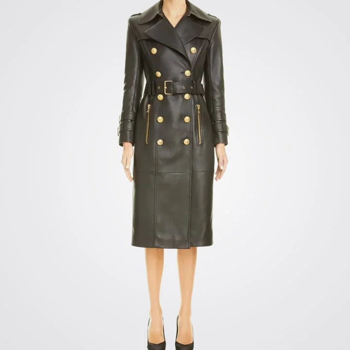 Women's Black Double Breasted Leather Trench Coat with Golden Button