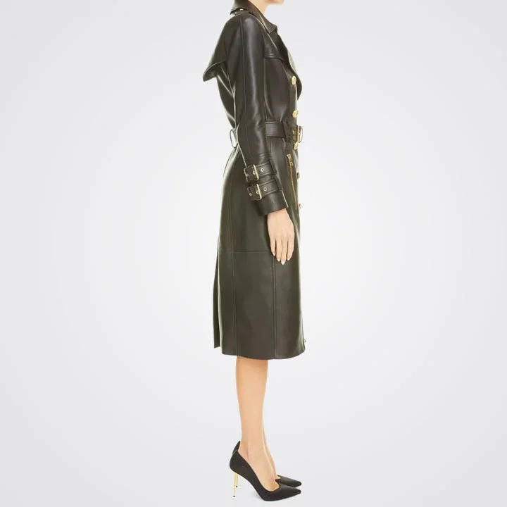 Women's Black Double Breasted Leather Trench Coat with Golden Button