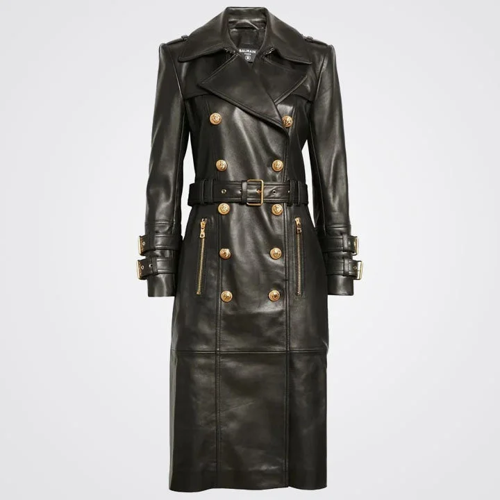 Women's Black Double Breasted Leather Trench Coat with Golden Button