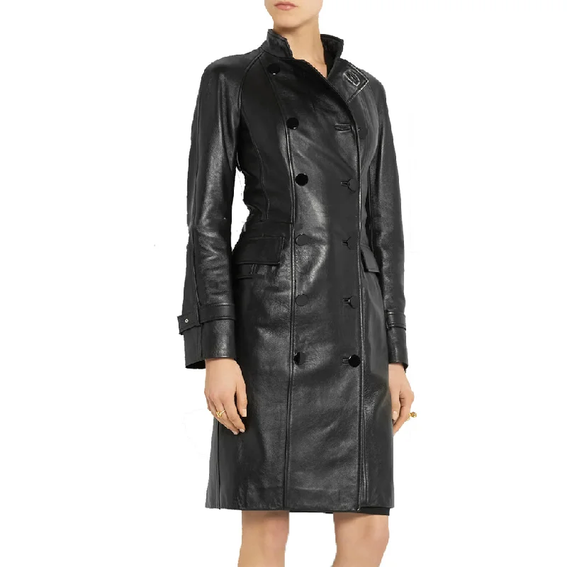 Women's Mid Length Double Breasted Leather Coat TC15