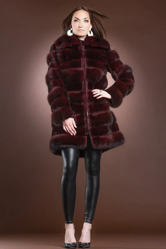 Red Jewel Horizontal Zip-Up Sable and Mink Mid-Length Fur Coat