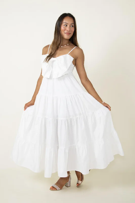 Bow Tied Tiered Midi Dress for Women in Off White | MD3753-OFFWHITE