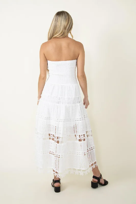 Eyelet Lace Strapless Midi Dress for Women in White | D-2192-H-WHT