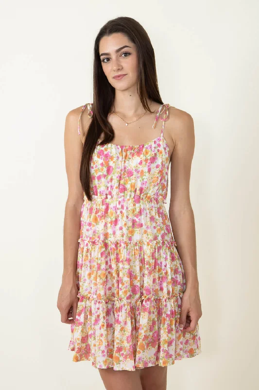 Floral Tiered Mini Dress for Women in Ivory Pink | CR1956F-IVORYPINK