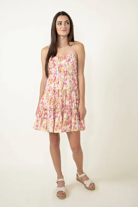 Floral Tiered Mini Dress for Women in Ivory Pink | CR1956F-IVORYPINK