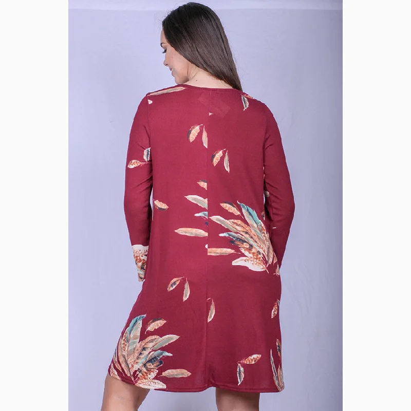 Women's Burgundy Feather Pocket Dress