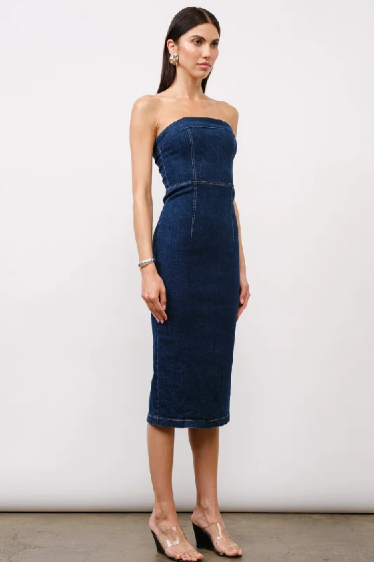 Mariana Strapless Denim Midi Dress-Blue Wash