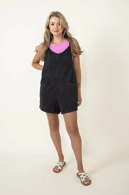 Mineral Washed Terry Cloth Lined Onesie Romper for Women in Black | BIC60686N-BLACK