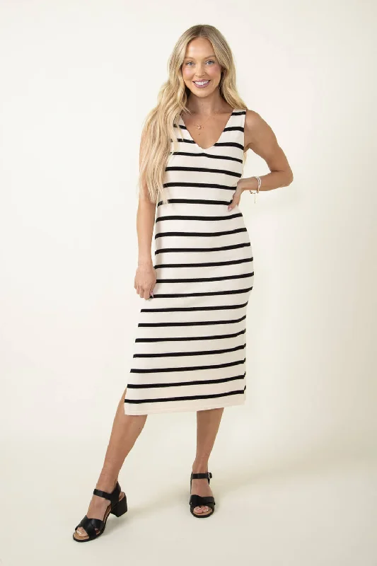 Stripe Midi Dress for Women in Black/Tan | RD3888-BLK