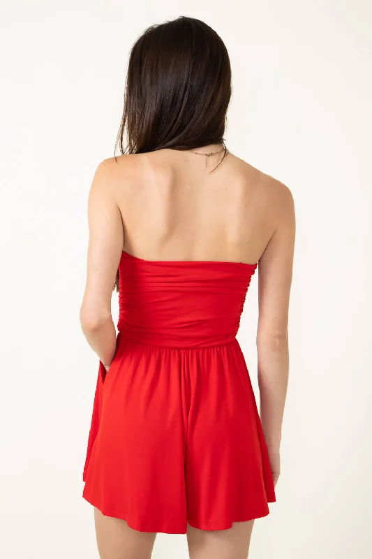 Tube Top Strapless Shirring Romper for Women in Red | JU60334-REALLYRED