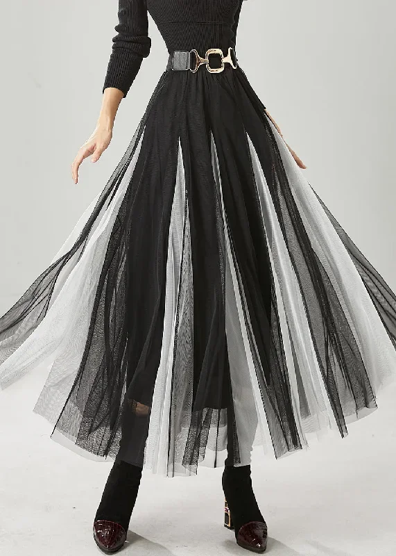 art-black-white-patchwork-tulle-pleated-skirts-spring