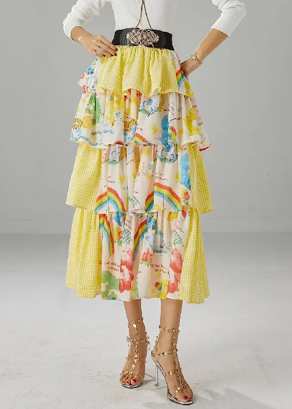 art-yellow-layered-patchwork-ruffles-cotton-skirt-summer