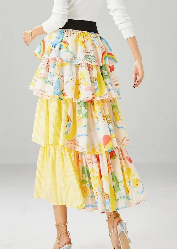 art-yellow-layered-patchwork-ruffles-cotton-skirt-summer