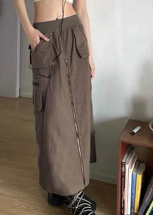 beautiful-coffee-solid-zip-up-pockets-silk-a-line-skirt-fall