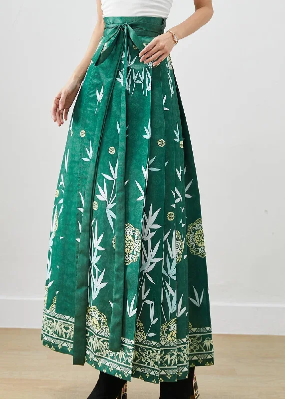 beautiful-green-bamboo-leaf-print-exra-large-hem-silk-pleated-skirts-fall